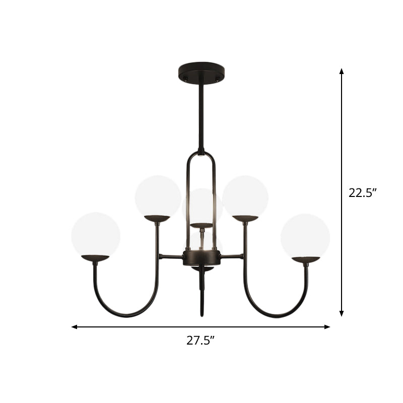 Arced Arm Iron Chandelier Light Fixture Modern 6/9-Head Black Finish Pendulum Lamp with Sphere Milk White Glass Shade Clearhalo 'Ceiling Lights' 'Close To Ceiling Lights' 'Close to ceiling' 'Glass shade' 'Glass' 'Pendant Lights' 'Semi-flushmount' Lighting' 800902