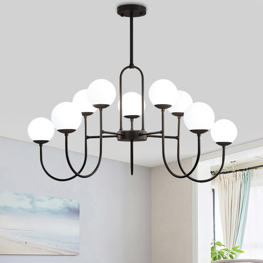 Arced Arm Iron Chandelier Light Fixture Modern 6/9-Head Black Finish Pendulum Lamp with Sphere Milk White Glass Shade 9 Black Clearhalo 'Ceiling Lights' 'Close To Ceiling Lights' 'Close to ceiling' 'Glass shade' 'Glass' 'Pendant Lights' 'Semi-flushmount' Lighting' 800903