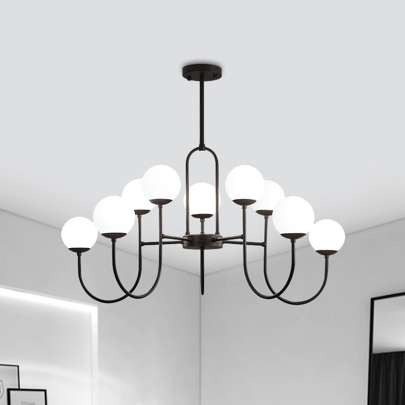Arced Arm Iron Chandelier Light Fixture Modern 6/9-Head Black Finish Pendulum Lamp with Sphere Milk White Glass Shade Clearhalo 'Ceiling Lights' 'Close To Ceiling Lights' 'Close to ceiling' 'Glass shade' 'Glass' 'Pendant Lights' 'Semi-flushmount' Lighting' 800904