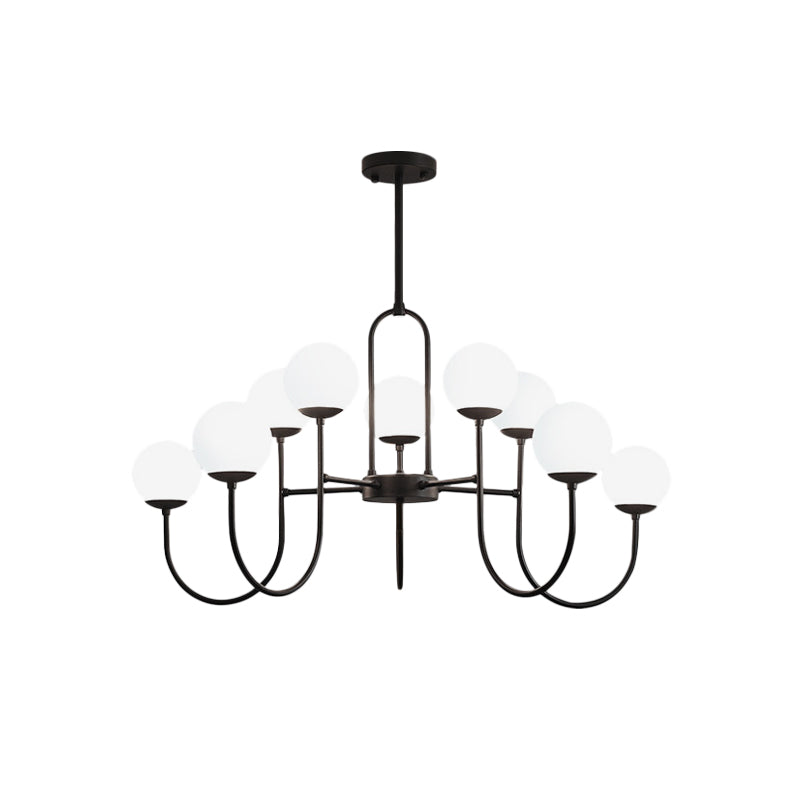 Arced Arm Iron Chandelier Light Fixture Modern 6/9-Head Black Finish Pendulum Lamp with Sphere Milk White Glass Shade Clearhalo 'Ceiling Lights' 'Close To Ceiling Lights' 'Close to ceiling' 'Glass shade' 'Glass' 'Pendant Lights' 'Semi-flushmount' Lighting' 800905