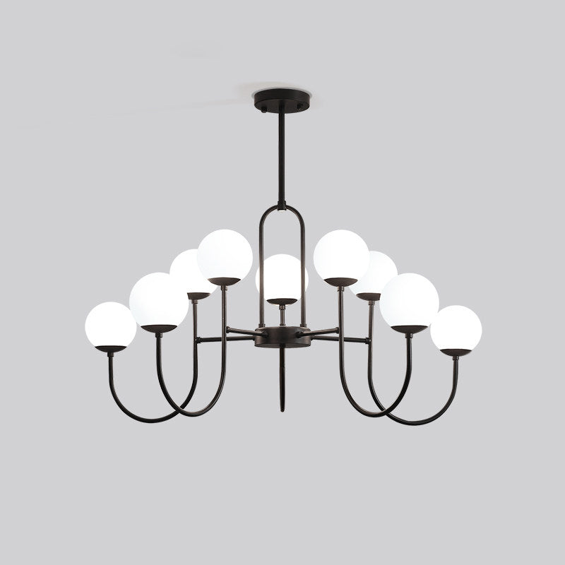 Arced Arm Iron Chandelier Light Fixture Modern 6/9-Head Black Finish Pendulum Lamp with Sphere Milk White Glass Shade Clearhalo 'Ceiling Lights' 'Close To Ceiling Lights' 'Close to ceiling' 'Glass shade' 'Glass' 'Pendant Lights' 'Semi-flushmount' Lighting' 800906