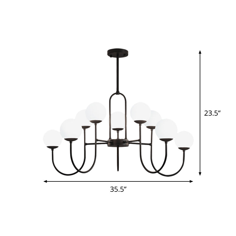 Arced Arm Iron Chandelier Light Fixture Modern 6/9-Head Black Finish Pendulum Lamp with Sphere Milk White Glass Shade Clearhalo 'Ceiling Lights' 'Close To Ceiling Lights' 'Close to ceiling' 'Glass shade' 'Glass' 'Pendant Lights' 'Semi-flushmount' Lighting' 800907