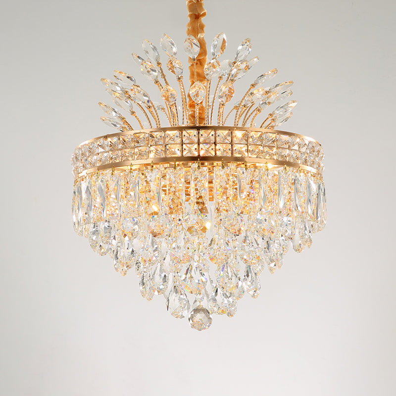 Gold 9 Bulbs Chandelier Light Fixture Contemporary Clear Crystal Conical Hanging Pendant for Bedroom Clearhalo 'Ceiling Lights' 'Chandeliers' 'Modern Chandeliers' 'Modern' Lighting' 801178