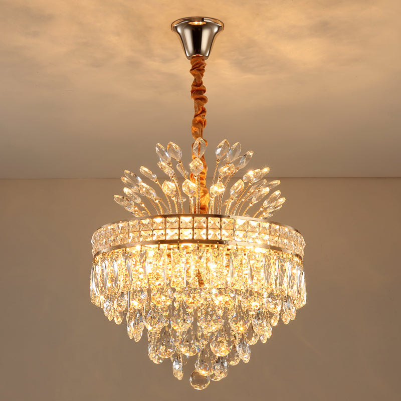 Gold 9 Bulbs Chandelier Light Fixture Contemporary Clear Crystal Conical Hanging Pendant for Bedroom Clearhalo 'Ceiling Lights' 'Chandeliers' 'Modern Chandeliers' 'Modern' Lighting' 801179
