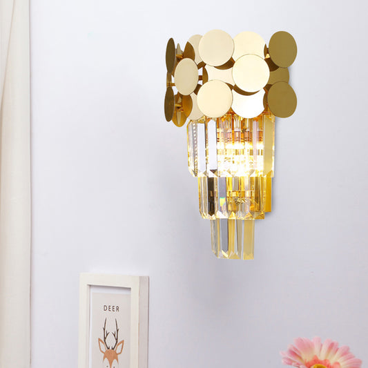 1-Bulb Wall Lighting Modernism Living Room Sconce Light with Tiered Crystal Block Shade in Gold Gold Clearhalo 'Modern wall lights' 'Modern' 'Wall Lamps & Sconces' 'Wall Lights' Lighting' 801883