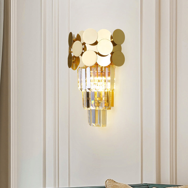 1-Bulb Wall Lighting Modernism Living Room Sconce Light with Tiered Crystal Block Shade in Gold Clearhalo 'Modern wall lights' 'Modern' 'Wall Lamps & Sconces' 'Wall Lights' Lighting' 801884