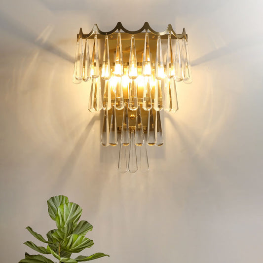 Modern Teardrop Wall Light Fixture 2 Lights Clear Crystal Wall Sconce in Gold with 3-Tiered Design Gold Clearhalo 'Modern wall lights' 'Modern' 'Wall Lamps & Sconces' 'Wall Lights' Lighting' 801887