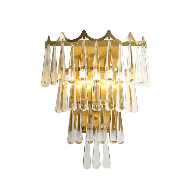 Modern Teardrop Wall Light Fixture 2 Lights Clear Crystal Wall Sconce in Gold with 3-Tiered Design Clearhalo 'Modern wall lights' 'Modern' 'Wall Lamps & Sconces' 'Wall Lights' Lighting' 801889