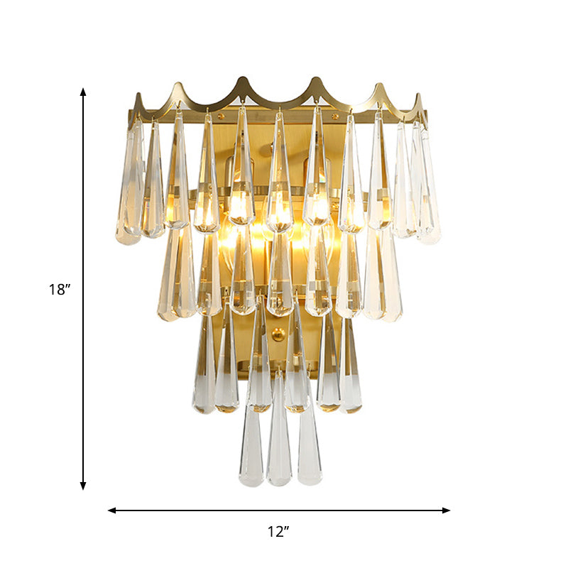 Modern Teardrop Wall Light Fixture 2 Lights Clear Crystal Wall Sconce in Gold with 3-Tiered Design Clearhalo 'Modern wall lights' 'Modern' 'Wall Lamps & Sconces' 'Wall Lights' Lighting' 801890