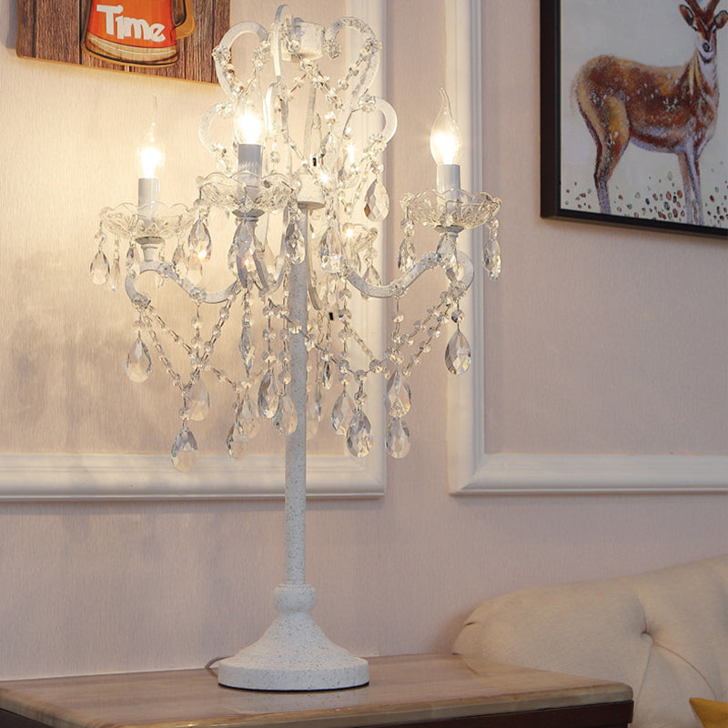 Rustic Candelabra Night Lamp 4 Lights Metal Nightstand Light in White with K9 Crystal Strand White Clearhalo 'Lamps' 'Table Lamps' Lighting' 801931