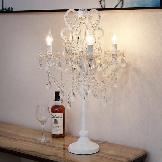 Rustic Candelabra Night Lamp 4 Lights Metal Nightstand Light in White with K9 Crystal Strand Clearhalo 'Lamps' 'Table Lamps' Lighting' 801932