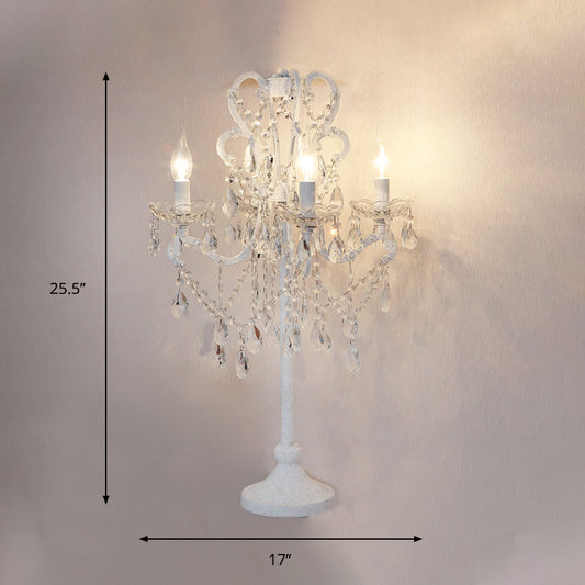 Rustic Candelabra Night Lamp 4 Lights Metal Nightstand Light in White with K9 Crystal Strand Clearhalo 'Lamps' 'Table Lamps' Lighting' 801934