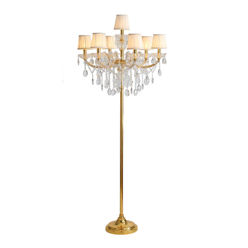 Fabric Pleated Lampshade Floor Light Traditional 7 Heads Living Room Standing Lamp in Gold with Crystal Accent Clearhalo 'Floor Lamps' 'Lamps' Lighting' 801977