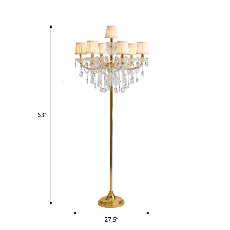 Fabric Pleated Lampshade Floor Light Traditional 7 Heads Living Room Standing Lamp in Gold with Crystal Accent Clearhalo 'Floor Lamps' 'Lamps' Lighting' 801979