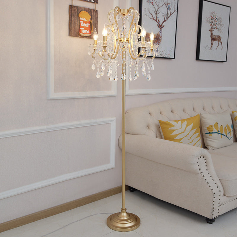 5 Bulbs Scroll Frame Floor Lighting Classic Style Gold Metal Standing Floor Lamp with Crystal Strand Gold Clearhalo 'Floor Lamps' 'Lamps' Lighting' 801980