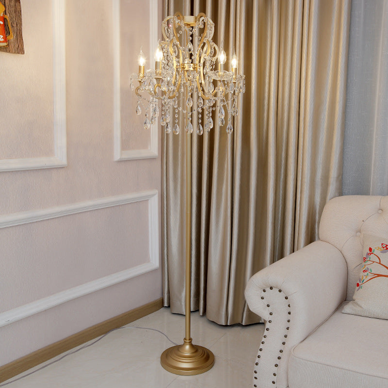 5 Bulbs Scroll Frame Floor Lighting Classic Style Gold Metal Standing Floor Lamp with Crystal Strand Clearhalo 'Floor Lamps' 'Lamps' Lighting' 801981