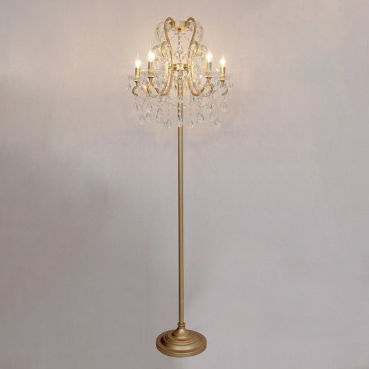 5 Bulbs Scroll Frame Floor Lighting Classic Style Gold Metal Standing Floor Lamp with Crystal Strand Clearhalo 'Floor Lamps' 'Lamps' Lighting' 801982
