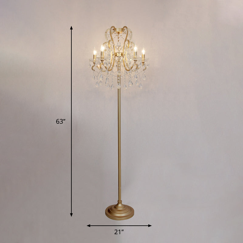5 Bulbs Scroll Frame Floor Lighting Classic Style Gold Metal Standing Floor Lamp with Crystal Strand Clearhalo 'Floor Lamps' 'Lamps' Lighting' 801983