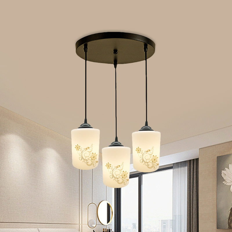Cylinder Dining Room Multi Ceiling Light Modern White Printed Glass 3-Head Black Hanging Pendant with Linear/Round Canopy White A Round Clearhalo 'Ceiling Lights' 'Glass shade' 'Glass' 'Pendant Lights' 'Pendants' Lighting' 802001
