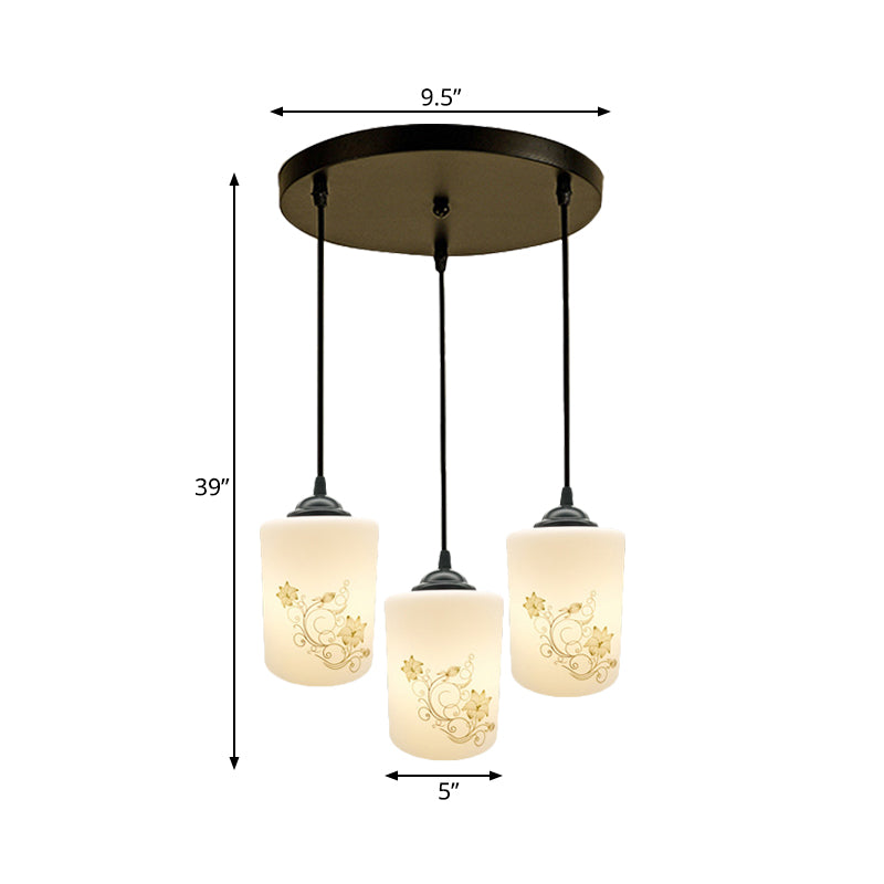 Cylinder Dining Room Multi Ceiling Light Modern White Printed Glass 3-Head Black Hanging Pendant with Linear/Round Canopy Clearhalo 'Ceiling Lights' 'Glass shade' 'Glass' 'Pendant Lights' 'Pendants' Lighting' 802004