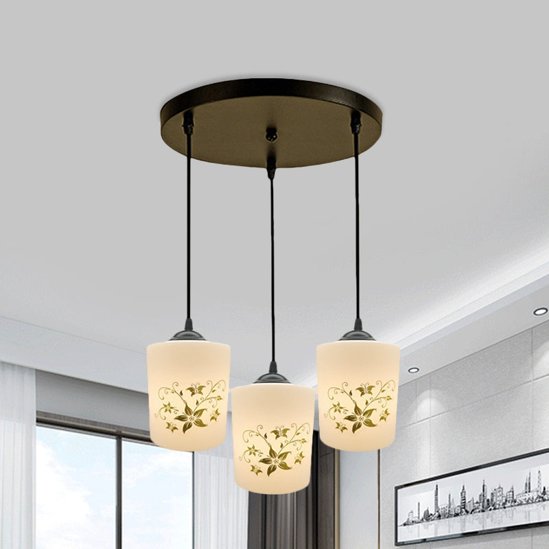 Cylinder Dining Room Multi Ceiling Light Modern White Printed Glass 3-Head Black Hanging Pendant with Linear/Round Canopy White B Round Clearhalo 'Ceiling Lights' 'Glass shade' 'Glass' 'Pendant Lights' 'Pendants' Lighting' 802005