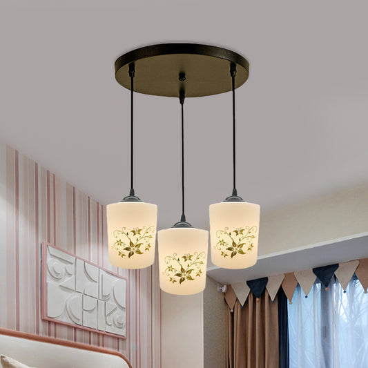 Cylinder Dining Room Multi Ceiling Light Modern White Printed Glass 3-Head Black Hanging Pendant with Linear/Round Canopy Clearhalo 'Ceiling Lights' 'Glass shade' 'Glass' 'Pendant Lights' 'Pendants' Lighting' 802006