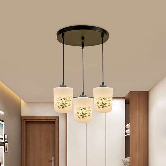 Cylinder Dining Room Multi Ceiling Light Modern White Printed Glass 3-Head Black Hanging Pendant with Linear/Round Canopy Clearhalo 'Ceiling Lights' 'Glass shade' 'Glass' 'Pendant Lights' 'Pendants' Lighting' 802007