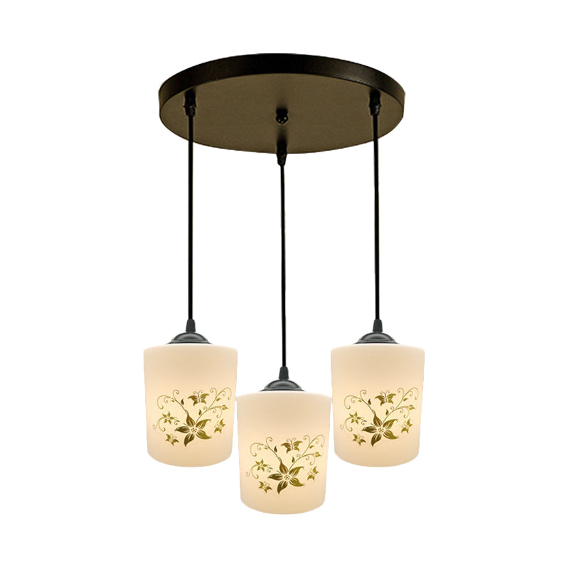 Cylinder Dining Room Multi Ceiling Light Modern White Printed Glass 3-Head Black Hanging Pendant with Linear/Round Canopy Clearhalo 'Ceiling Lights' 'Glass shade' 'Glass' 'Pendant Lights' 'Pendants' Lighting' 802008