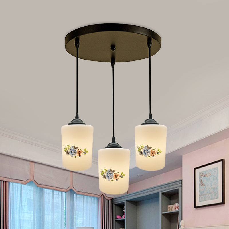 Cylinder Dining Room Multi Ceiling Light Modern White Printed Glass 3-Head Black Hanging Pendant with Linear/Round Canopy White C Round Clearhalo 'Ceiling Lights' 'Glass shade' 'Glass' 'Pendant Lights' 'Pendants' Lighting' 802009
