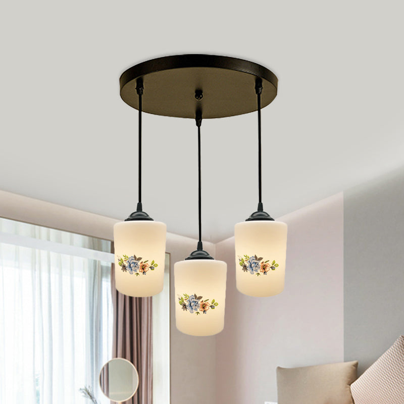 Cylinder Dining Room Multi Ceiling Light Modern White Printed Glass 3-Head Black Hanging Pendant with Linear/Round Canopy Clearhalo 'Ceiling Lights' 'Glass shade' 'Glass' 'Pendant Lights' 'Pendants' Lighting' 802010