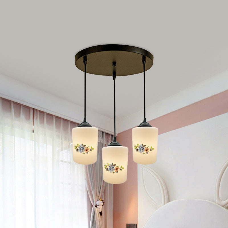 Cylinder Dining Room Multi Ceiling Light Modern White Printed Glass 3-Head Black Hanging Pendant with Linear/Round Canopy Clearhalo 'Ceiling Lights' 'Glass shade' 'Glass' 'Pendant Lights' 'Pendants' Lighting' 802011
