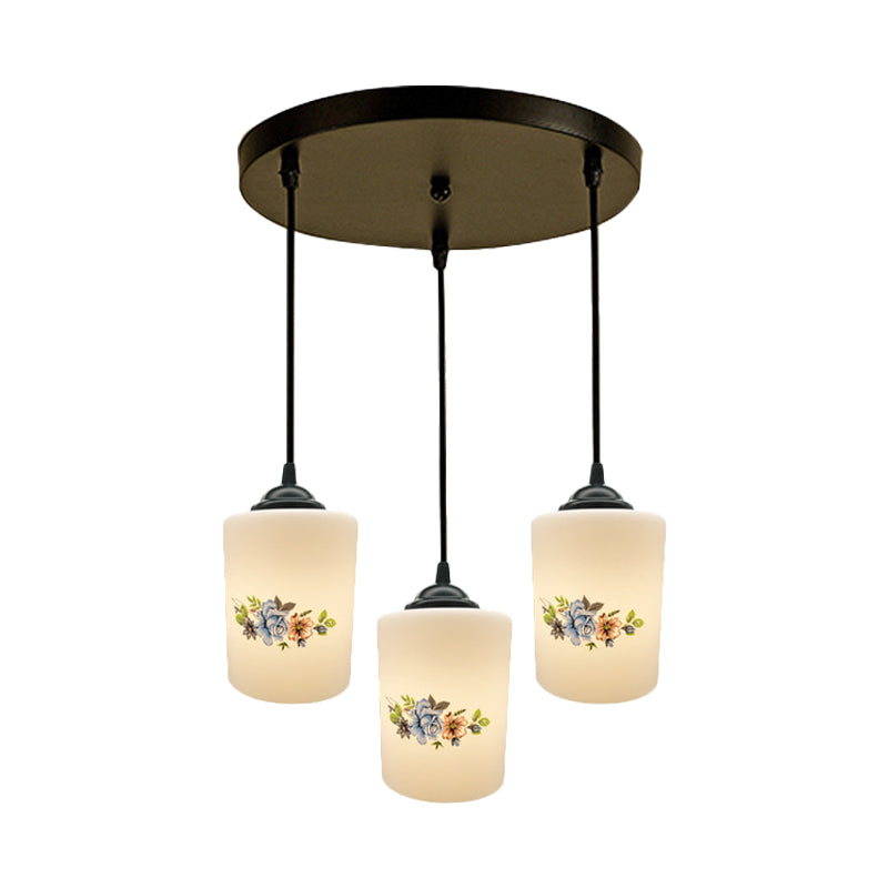 Cylinder Dining Room Multi Ceiling Light Modern White Printed Glass 3-Head Black Hanging Pendant with Linear/Round Canopy Clearhalo 'Ceiling Lights' 'Glass shade' 'Glass' 'Pendant Lights' 'Pendants' Lighting' 802012