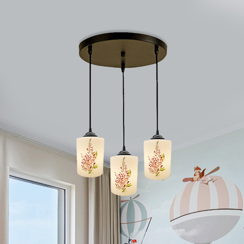 White Printing Glass Black Multi Pendant Lamp Cylinder 3-Light Dining Room Suspension Light with Round/Linear Canopy White A Round Clearhalo 'Ceiling Lights' 'Glass shade' 'Glass' 'Pendant Lights' 'Pendants' Lighting' 802026
