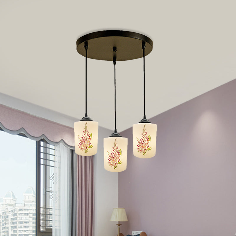 White Printing Glass Black Multi Pendant Lamp Cylinder 3-Light Dining Room Suspension Light with Round/Linear Canopy Clearhalo 'Ceiling Lights' 'Glass shade' 'Glass' 'Pendant Lights' 'Pendants' Lighting' 802027