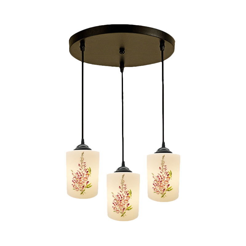 White Printing Glass Black Multi Pendant Lamp Cylinder 3-Light Dining Room Suspension Light with Round/Linear Canopy Clearhalo 'Ceiling Lights' 'Glass shade' 'Glass' 'Pendant Lights' 'Pendants' Lighting' 802028