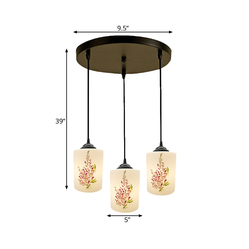 White Printing Glass Black Multi Pendant Lamp Cylinder 3-Light Dining Room Suspension Light with Round/Linear Canopy Clearhalo 'Ceiling Lights' 'Glass shade' 'Glass' 'Pendant Lights' 'Pendants' Lighting' 802029