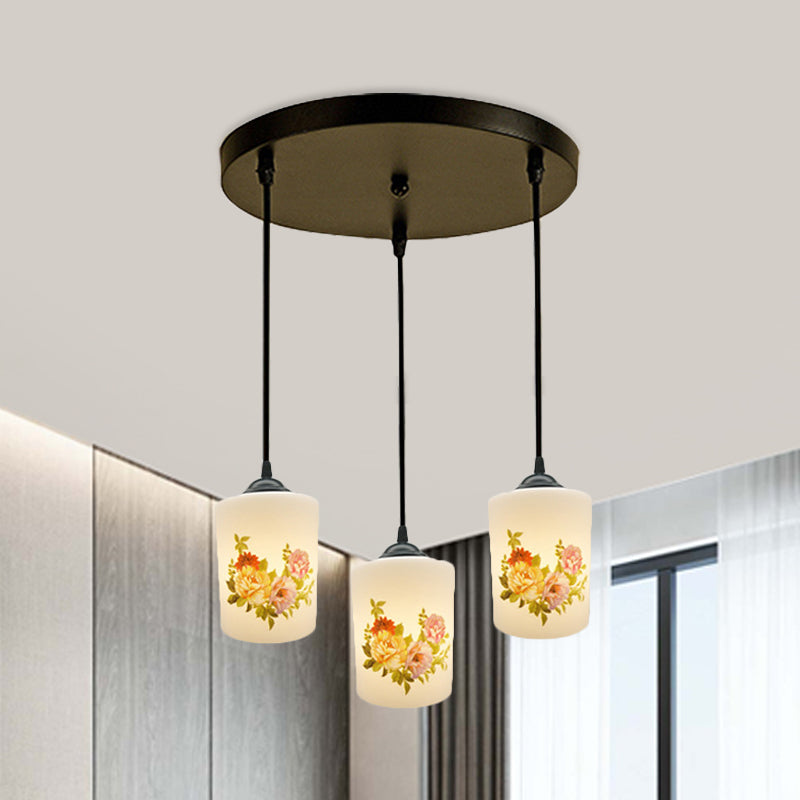 White Printing Glass Black Multi Pendant Lamp Cylinder 3-Light Dining Room Suspension Light with Round/Linear Canopy White D Round Clearhalo 'Ceiling Lights' 'Glass shade' 'Glass' 'Pendant Lights' 'Pendants' Lighting' 802030