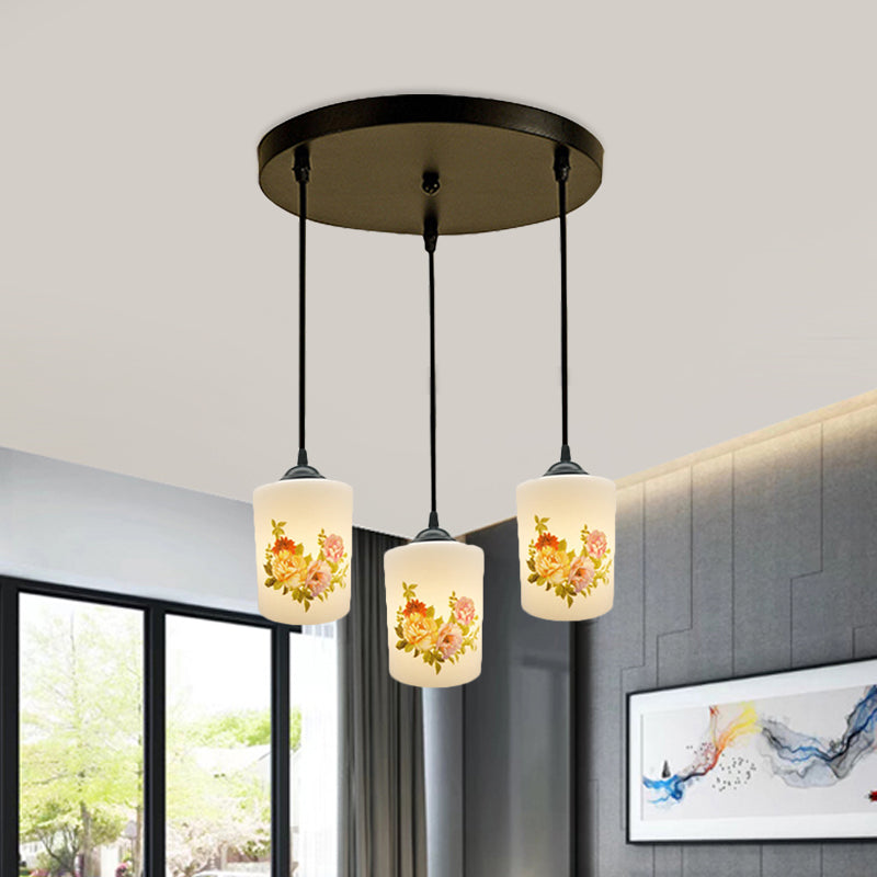 White Printing Glass Black Multi Pendant Lamp Cylinder 3-Light Dining Room Suspension Light with Round/Linear Canopy Clearhalo 'Ceiling Lights' 'Glass shade' 'Glass' 'Pendant Lights' 'Pendants' Lighting' 802031
