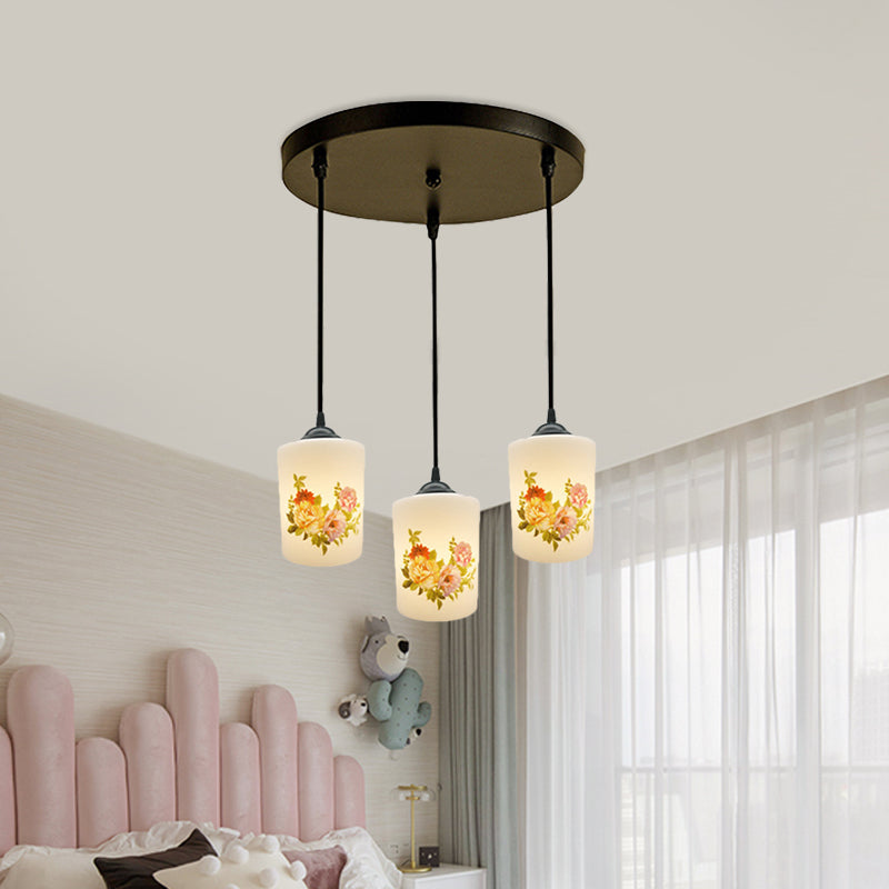 White Printing Glass Black Multi Pendant Lamp Cylinder 3-Light Dining Room Suspension Light with Round/Linear Canopy Clearhalo 'Ceiling Lights' 'Glass shade' 'Glass' 'Pendant Lights' 'Pendants' Lighting' 802032