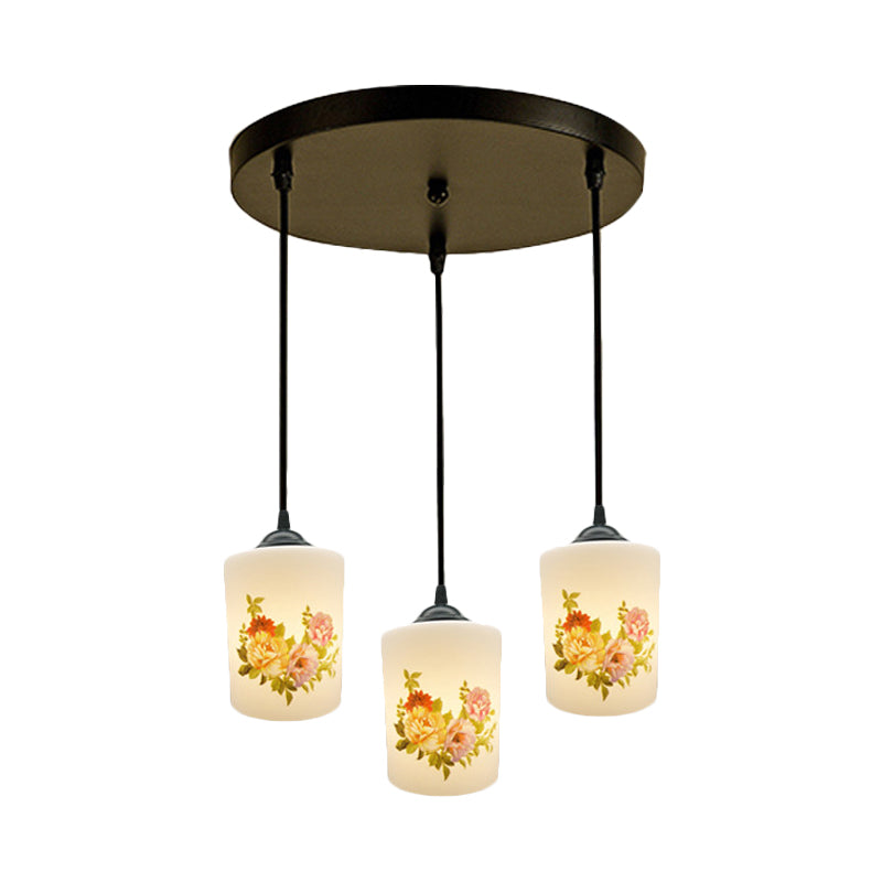 White Printing Glass Black Multi Pendant Lamp Cylinder 3-Light Dining Room Suspension Light with Round/Linear Canopy Clearhalo 'Ceiling Lights' 'Glass shade' 'Glass' 'Pendant Lights' 'Pendants' Lighting' 802033