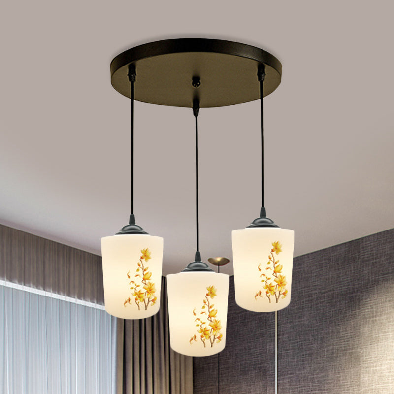 White Printing Glass Black Multi Pendant Lamp Cylinder 3-Light Dining Room Suspension Light with Round/Linear Canopy White C Round Clearhalo 'Ceiling Lights' 'Glass shade' 'Glass' 'Pendant Lights' 'Pendants' Lighting' 802034