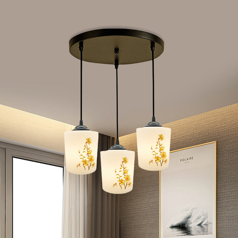 White Printing Glass Black Multi Pendant Lamp Cylinder 3-Light Dining Room Suspension Light with Round/Linear Canopy Clearhalo 'Ceiling Lights' 'Glass shade' 'Glass' 'Pendant Lights' 'Pendants' Lighting' 802035