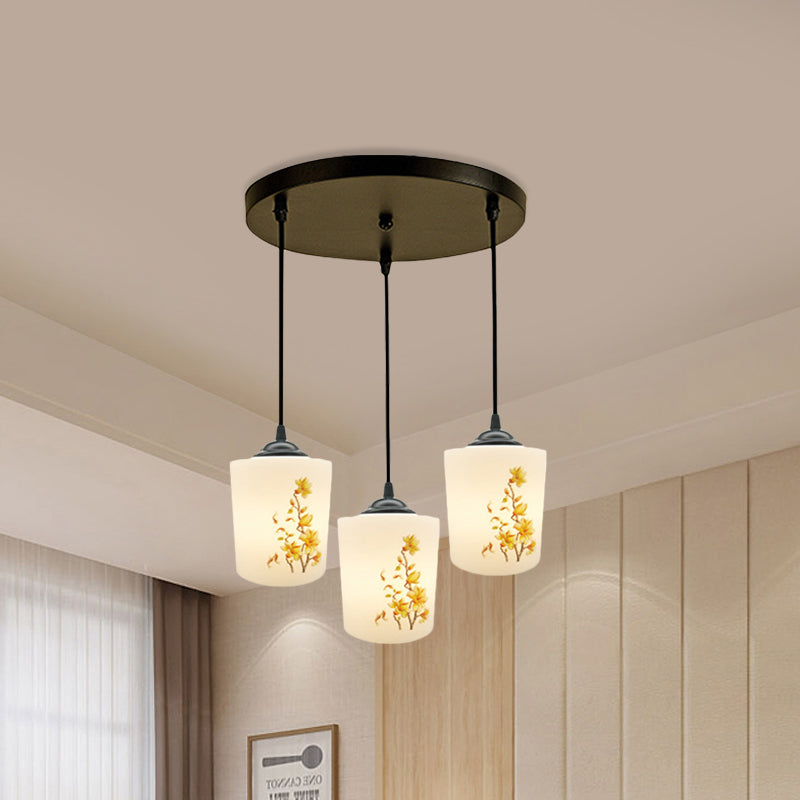 White Printing Glass Black Multi Pendant Lamp Cylinder 3-Light Dining Room Suspension Light with Round/Linear Canopy Clearhalo 'Ceiling Lights' 'Glass shade' 'Glass' 'Pendant Lights' 'Pendants' Lighting' 802036
