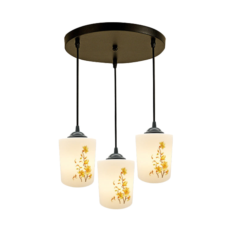 White Printing Glass Black Multi Pendant Lamp Cylinder 3-Light Dining Room Suspension Light with Round/Linear Canopy Clearhalo 'Ceiling Lights' 'Glass shade' 'Glass' 'Pendant Lights' 'Pendants' Lighting' 802037