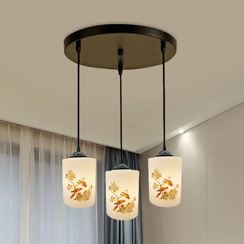 White Printing Glass Black Multi Pendant Lamp Cylinder 3-Light Dining Room Suspension Light with Round/Linear Canopy White B Round Clearhalo 'Ceiling Lights' 'Glass shade' 'Glass' 'Pendant Lights' 'Pendants' Lighting' 802038