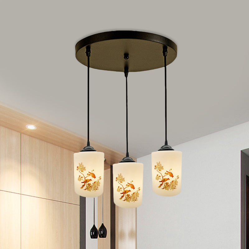 White Printing Glass Black Multi Pendant Lamp Cylinder 3-Light Dining Room Suspension Light with Round/Linear Canopy Clearhalo 'Ceiling Lights' 'Glass shade' 'Glass' 'Pendant Lights' 'Pendants' Lighting' 802039