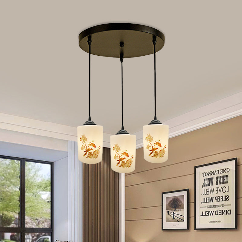 White Printing Glass Black Multi Pendant Lamp Cylinder 3-Light Dining Room Suspension Light with Round/Linear Canopy Clearhalo 'Ceiling Lights' 'Glass shade' 'Glass' 'Pendant Lights' 'Pendants' Lighting' 802040