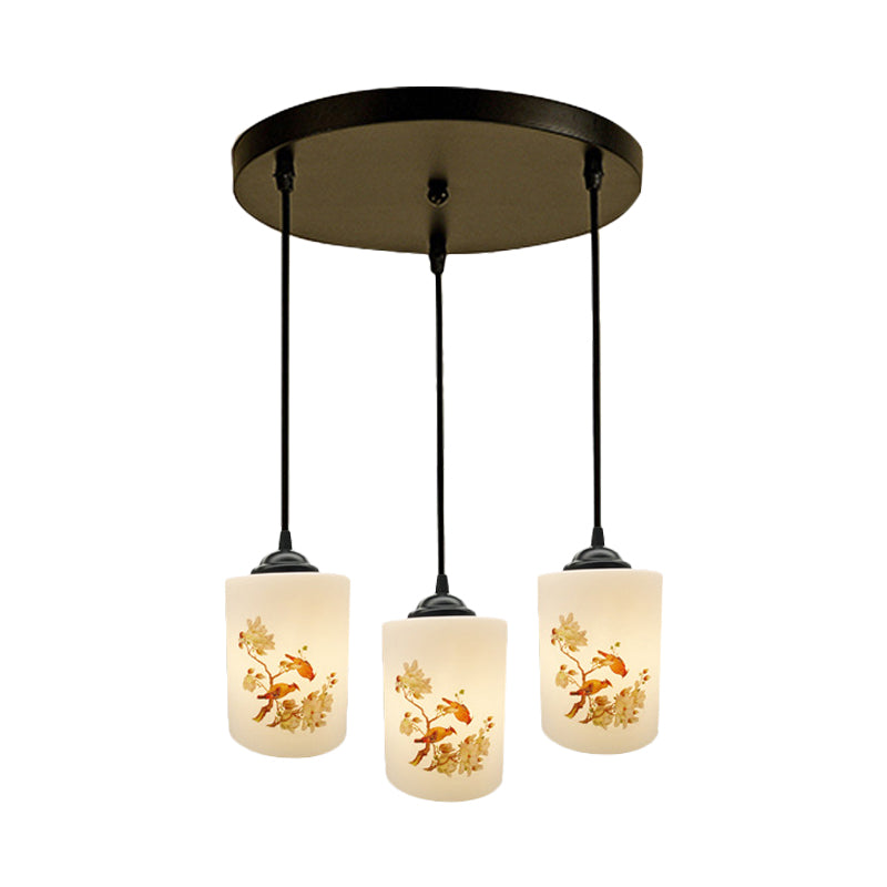 White Printing Glass Black Multi Pendant Lamp Cylinder 3-Light Dining Room Suspension Light with Round/Linear Canopy Clearhalo 'Ceiling Lights' 'Glass shade' 'Glass' 'Pendant Lights' 'Pendants' Lighting' 802041