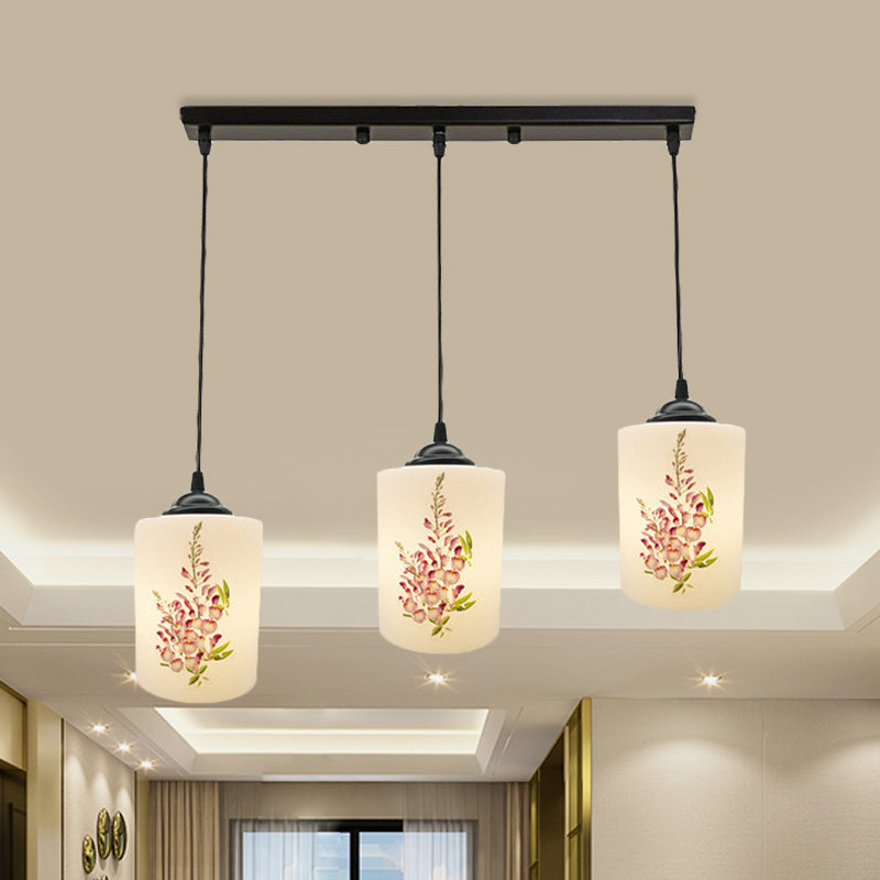White Printing Glass Black Multi Pendant Lamp Cylinder 3-Light Dining Room Suspension Light with Round/Linear Canopy White A Linear Clearhalo 'Ceiling Lights' 'Glass shade' 'Glass' 'Pendant Lights' 'Pendants' Lighting' 802042