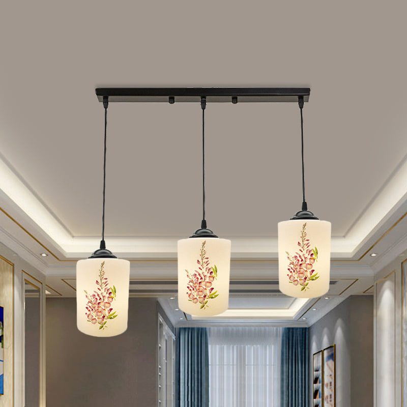 White Printing Glass Black Multi Pendant Lamp Cylinder 3-Light Dining Room Suspension Light with Round/Linear Canopy Clearhalo 'Ceiling Lights' 'Glass shade' 'Glass' 'Pendant Lights' 'Pendants' Lighting' 802043